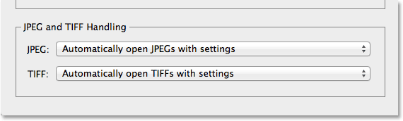 The JPEG and TIFF Handling options in the Camera Raw Preferences. Image © 2013 Steve Patterson, Photoshop Essentials.com
