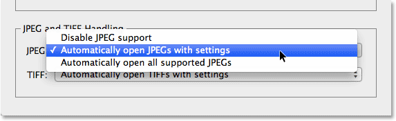 The JPEG and TIFF Handling options in the Camera Raw Preferences. Image © 2013 Steve Patterson, Photoshop Essentials.com