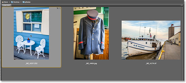 Selecting a raw file in Adobe Bridge CS6. Image © 2013 Steve Patterson, Photoshop Essentials.com