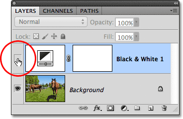 Clicking the layer visibility icon again to turn the Black & White adjustment layer back on. Image © 2012 Photoshop Essentials.com