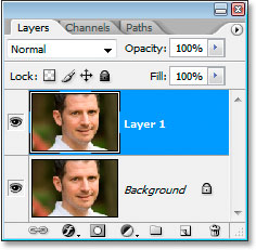 Photoshop's Layers palette now showing the copy of the Background layer as well.