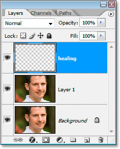Photoshop's Layers palette showing the new healing layer