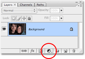 New Adjustment Layer icon at the bottom of the Layers palette in Photoshop. Image © 2008 Photoshop Essentials.com.