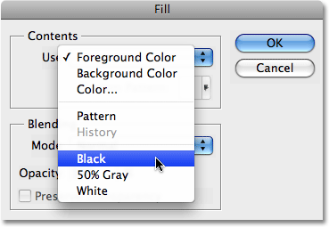 The Fill command dialog box in Photoshop. Image © 2008 Photoshop Essentials.com.