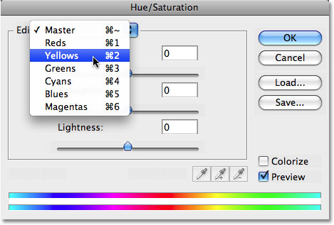 Select Yellows from the Hue/Saturation edit list. Image © 2008 Photoshop Essentials.com.