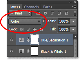 Changing the blend mode of the Jue/Saturation adjustment layer to Color. Image © 2013 Photoshop Essentials.com