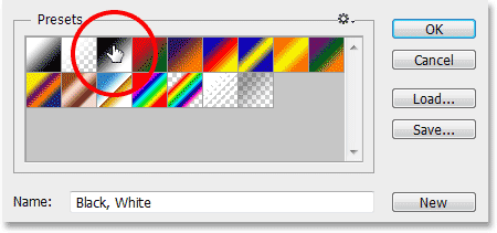 Selecting the Black, White gradient from the Gradient Editor. Image © 2013 Photoshop Essentials.com