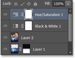 The Layers panel showing the Hue/Saturation adjustment layer. Image © 2013 Photoshop Essentials.com