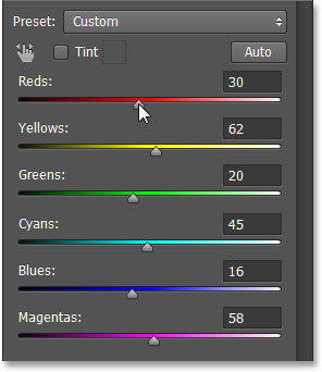 The Black and White slider controls in the Properties panel. Image © 2013 Photoshop Essentials.com