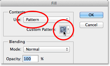 Setting Use to Pattern in the Fill dialog box. Image © 2014 Photoshop Essentials.com.