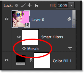 The Layers panel showing the Mosaic Smart Filter. Image © 2014 Photoshop Essentials.com.