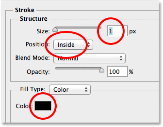 Setting the options for the Stroke layer style. Image © 2014 Photoshop Essentials.com.