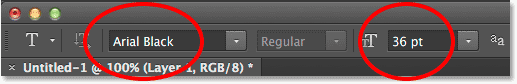 Setting the font family and type size in the Options Bar. Image © 2014 Photoshop Essentials.com