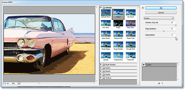 The Cutout filter options in the Filter Gallery. Image © 2013 Photoshop Essentials.com