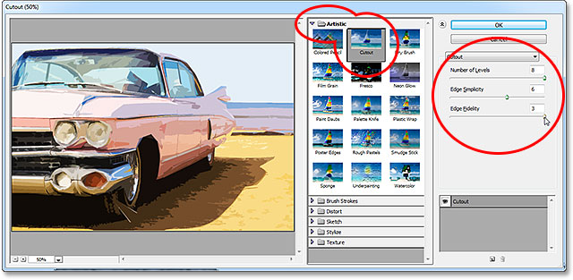 The Cutout filter options in the Filter Gallery in Photoshop CS6. Image © 2013 Photoshop Essentials.com