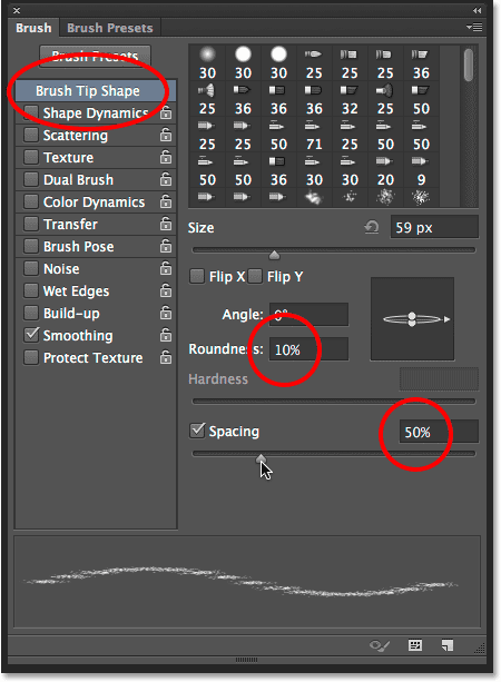 The Brush Tip Shape options in the Brushes Panel in Photoshop. Image © 2014 Photoshop Essentials.com.