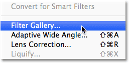 Selecting the Filter Gallery from the Filter menu in Photoshop CS6. Image © 2012 Photoshop Essentials.com.