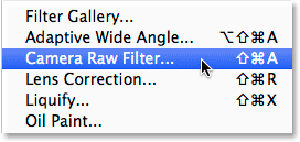 Selecting the Camera Raw Filter from the Filter menu in Photoshop CC. Image © 2014 Photoshop Essentials.com