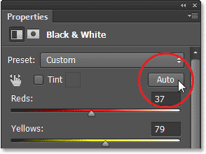 Clicking the Auto button for the Black & White adjustment layer in the Properties panel. Image © 2013 Photoshop Essentials.com