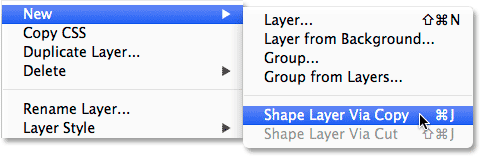 Selecting the New Shape Layer Via Copy command from the Layer menu. Image © 2014 Photoshop Essentials.com