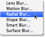 Selecting the Radial Blur filter in Photoshop. Image © 2014 Photoshop Essentials.com.