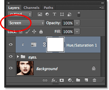The Hue/Saturation adjustment layer has been added to the Layers panel. Image © 2014 Photoshop Essentials.com.