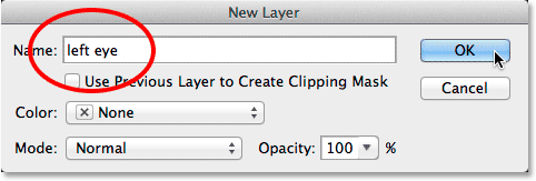 Naming a layer in the New Layer dialog box. Image © 2014 Photoshop Essentials.com.
