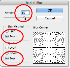 The Radial Blur filter options in Photoshop. Image © 2011 Photoshop Essentials.com.