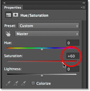 Dragging the Saturation slider for the Hue/Saturation adjustment layer. Image © 2011 Photoshop Essentials.com.