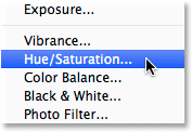 Selecting a Hue/Saturation adjustment layer. Image © 2014 Photoshop Essentials.com.