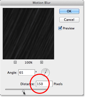 Editing the initial Distance value for the Motion Blur filter. Image © 2013 Photoshop Essentials.com