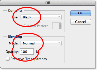 The options in the Fill dialog box. Image © 2013 Photoshop Essentials.com