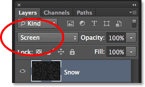 Changing the blend mode of the Snow layer to Screen. Image © 2013 Photoshop Essentials.com