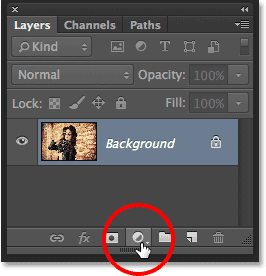 Clicking the New Fill or Adjustment Layer icon in the Layers panel in Photoshop. Image © 2014 Photoshop Essentials.com.