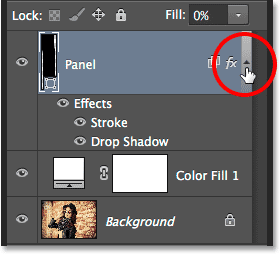 Clicking the arrow to toggle the layer effects closed. Image © 2014 Photoshop Essentials.com.