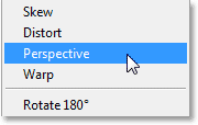 Selecting the Perspective Transform command from the Edit menu. Image © 2013 Photoshop Essentials.com