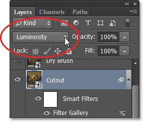 Changing the blend mode of Layer 1 to Luminosity. Image © 2013 Photoshop Essentials.com