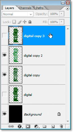 Adobe Photoshop Text Effects: Duplicate the original text layer again and drag it to the top of the Layers palette.