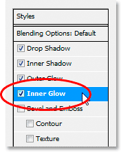 Adobe Photoshop Text Effects: Choose 'Inner Glow' from the list of Layer Styles on the left