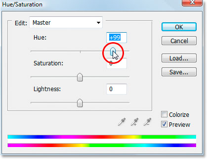 Adobe Photoshop Text Effects: Dragging the 'Hue' slider in the 'Hue/Saturation' dialog box.