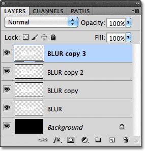 Five layers in the Layers panel. Image © 2011 Photoshop Essentials.com.