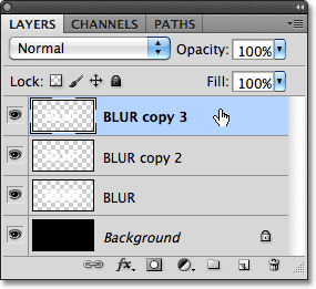 Selecting the top layer in the Layers panel. Image © 2011 Photoshop Essentials.com.