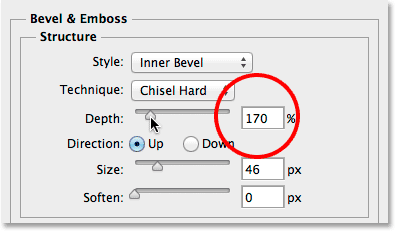 Increasing the Depth value for the Bevel and Emboss layer style. 