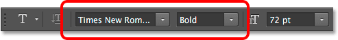Choosing a font in the Options Bar in Photoshop. 