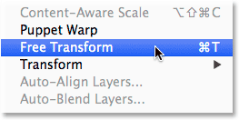 Selecting Free Transform from the Edit menu in Photoshop. 