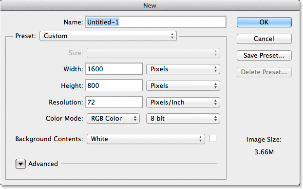 The New Document dialog box in Photoshop. 