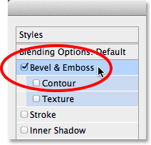 Selecting the Bevel and Emboss layer style. 