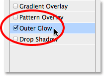 Selecting the Outer Glow layer style. 