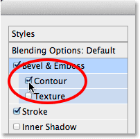 Selecting the Contour style under Bevel and Emboss. 
