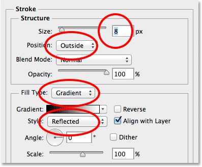 The Stroke options in the Layer Style dialog box. 